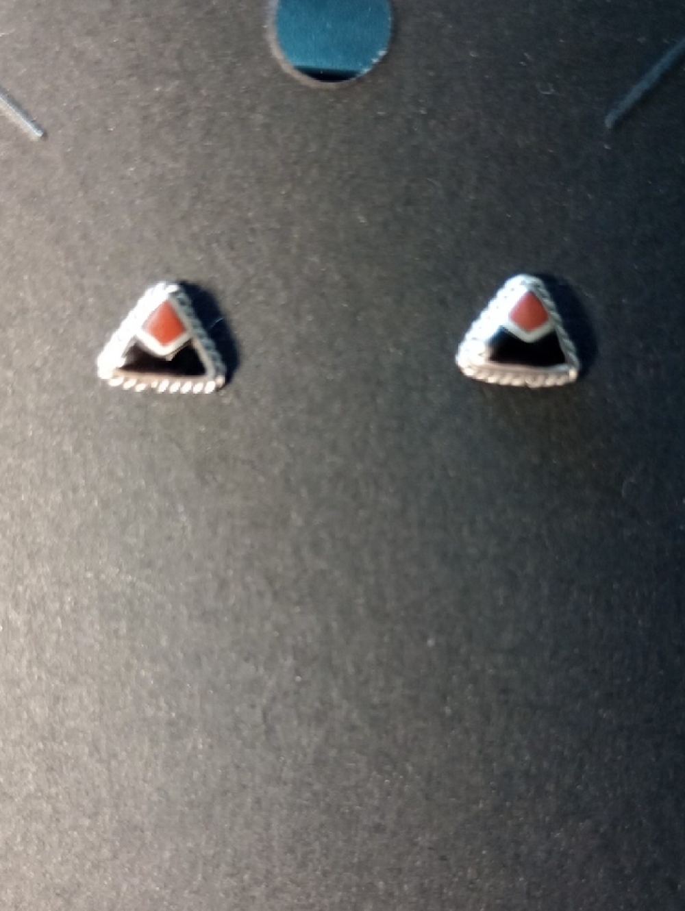 Sterling Silver Triangle Stud Earrings with Black Onyx and Coral Inlay